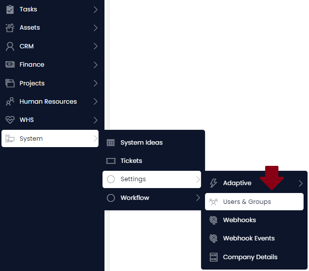 Explorer Menu for Users and Groups under Settings, under System